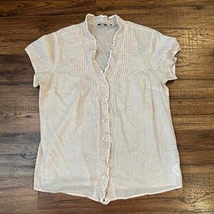 Eddie Bauer Lightweight Ruffle Button Up Short Sleeve Blouse Pink‎ Coquette